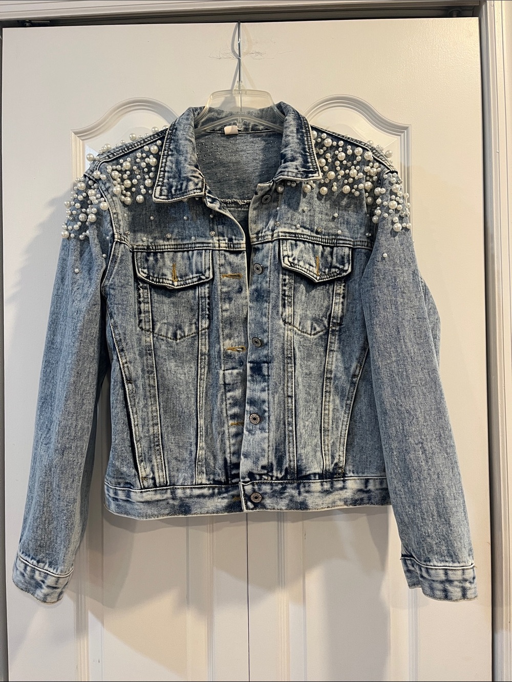 Pearl-Embellished Light Wash Denim Jacket - Women's